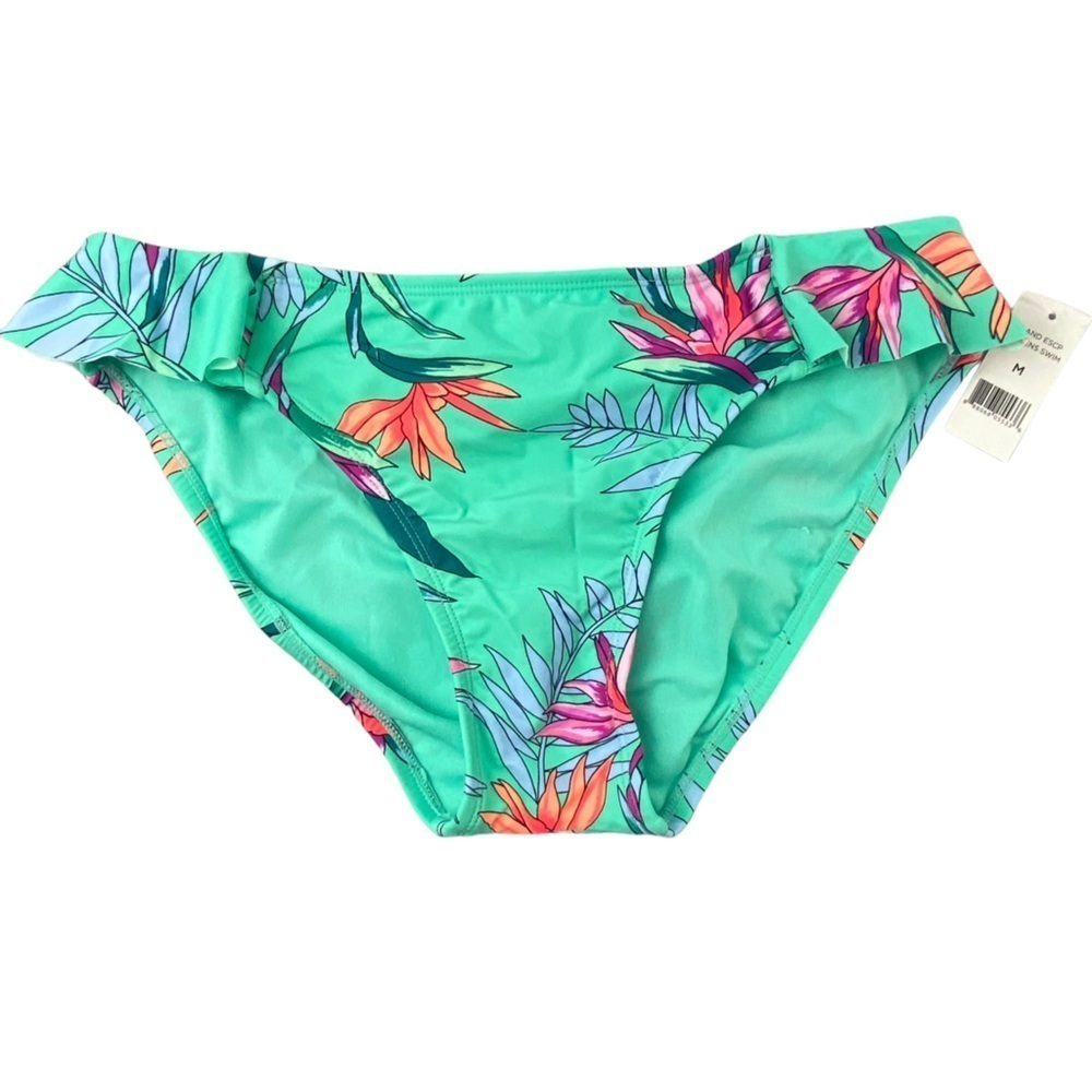 DIP turquoise teal blue tropical print ruffled bikini bottom swim women's sz med